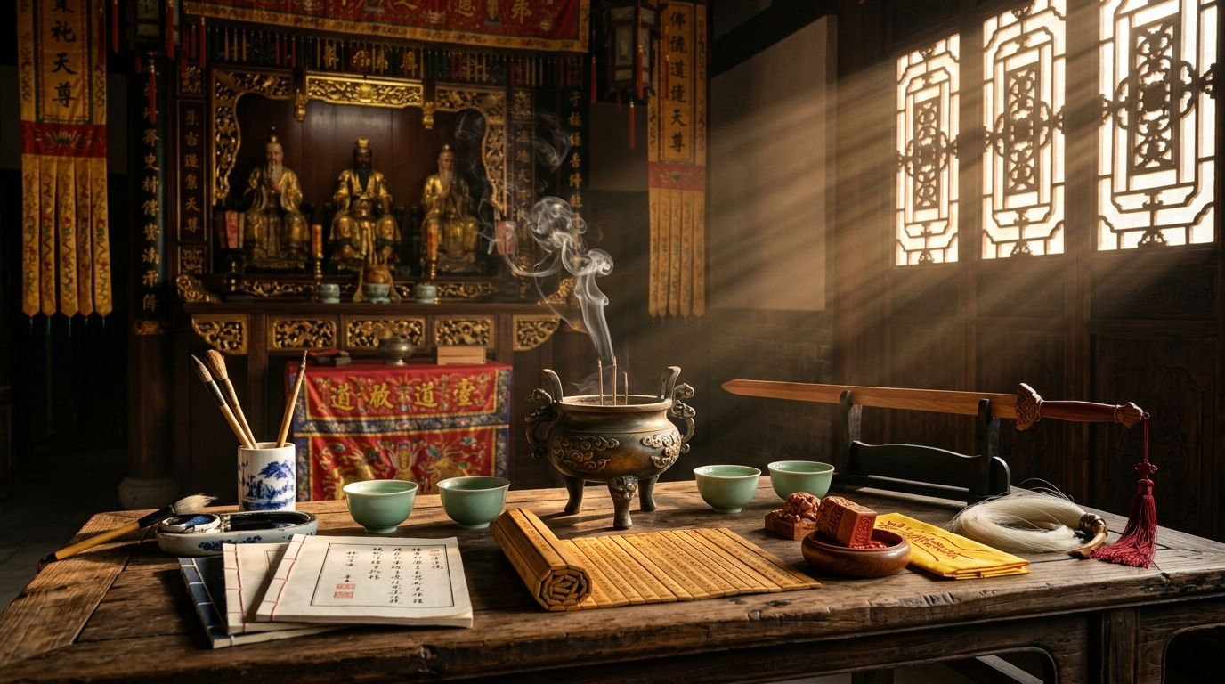 Daoism Definition - Authentic orthodox Taoist sanctuary altar featuring antique bronze censer, Daodejing scripture, lightning-struck jujube wood seal, and peachwood sword
