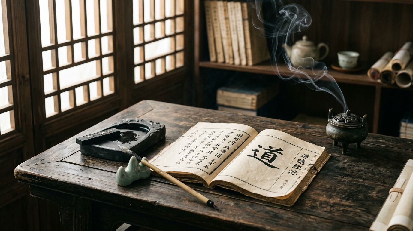 Daodejing scripture open on a scholar study desk with brush, inkstone, and incense burner