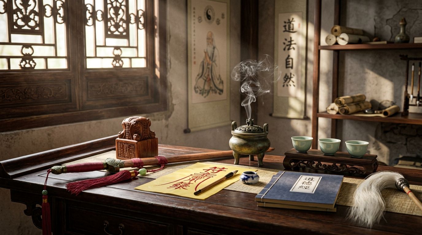 Authentic Daoist sanctuary altar featuring lightning-struck jujube wood seal, peach wood sword, cinnabar talisman, and bronze incense censer