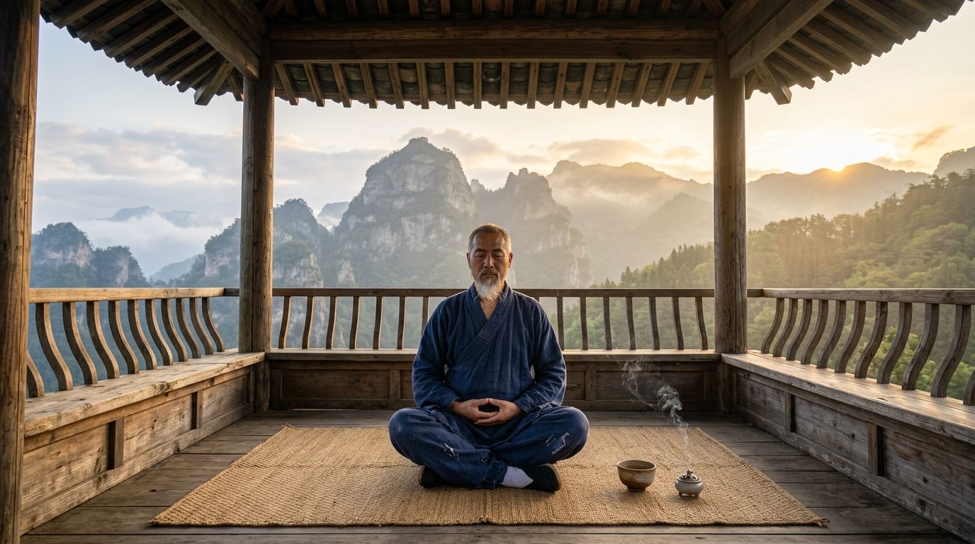 Daoist practitioner sitting in poised meditation in a Wudang mountain pavilion at dawn with lower Dan Tian hand clasp and incense burner