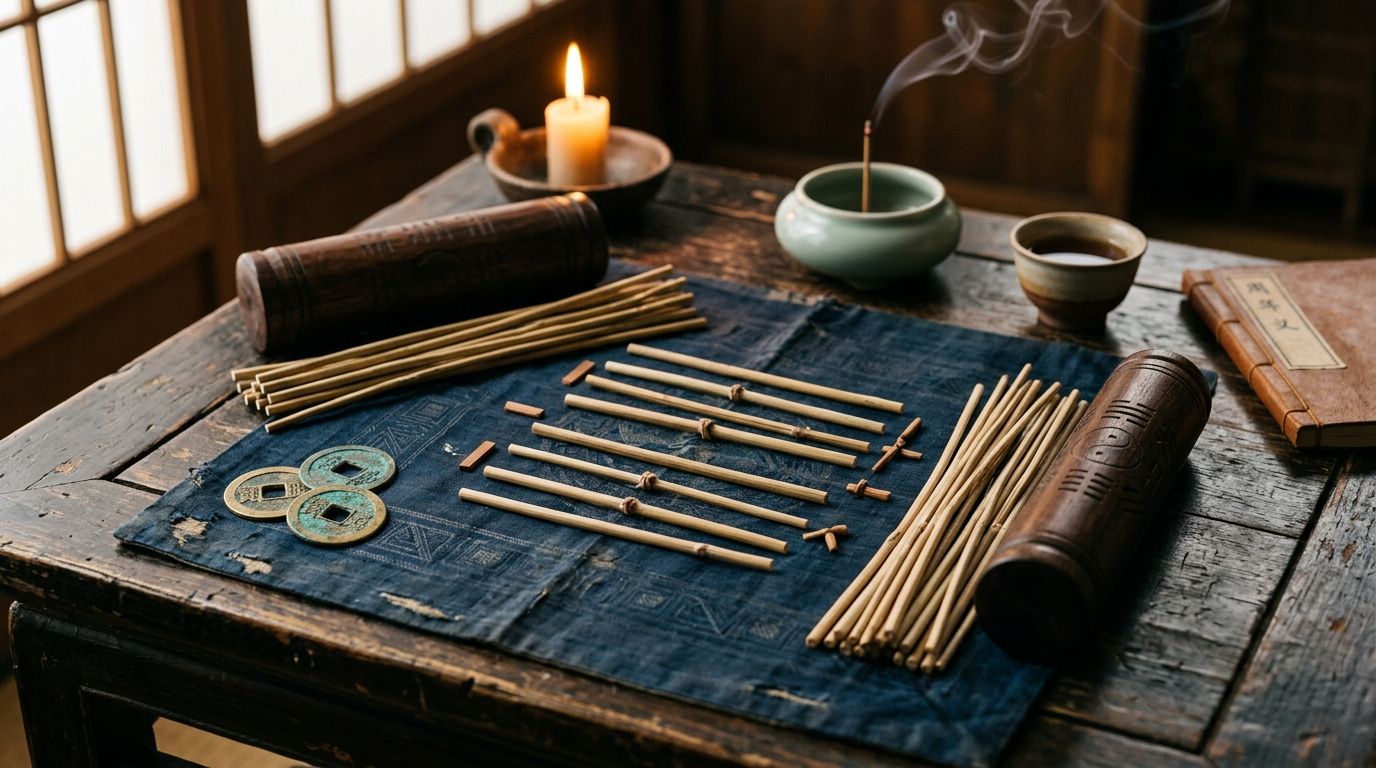 Traditional I Ching consultation setup with natural yarrow stalks, antique Qianlong bronze coins, thread-bound Zhouyi book, and incense burner