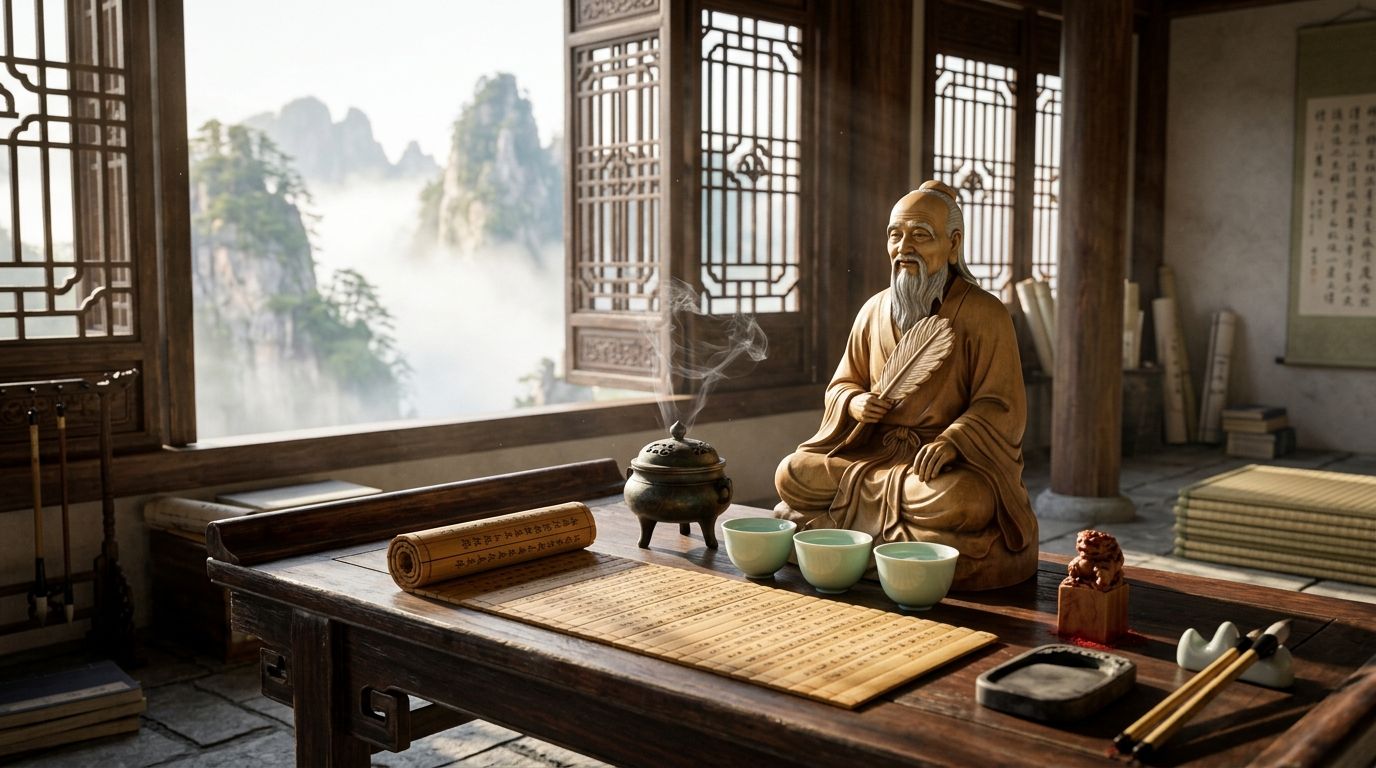 Lao Tze - Authentic Taoist scholar altar with hand-carved Lao Tze statue, Tao Te Ching bamboo slips, bronze censer, celadon water cups, and mountain view