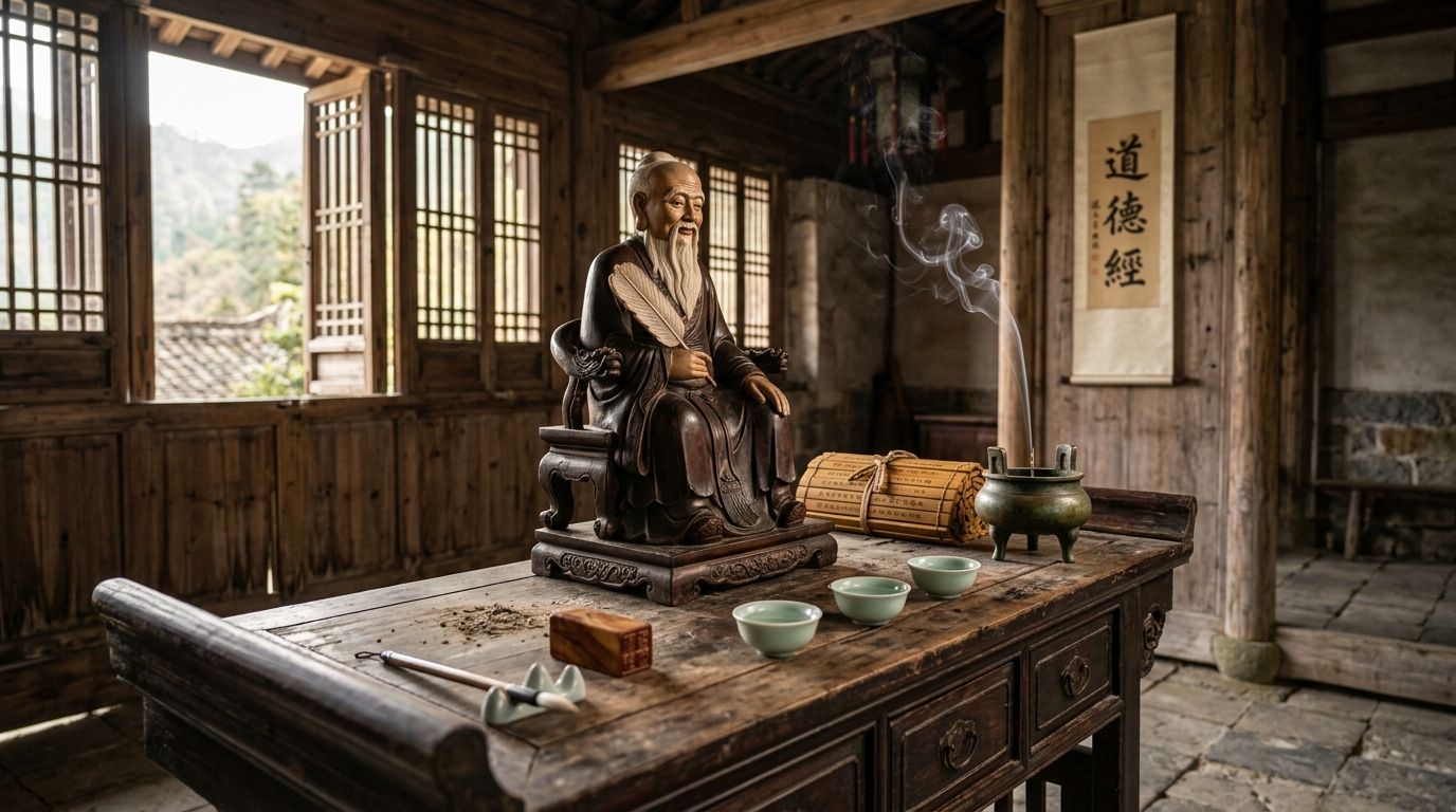 Philosopher Lao Tzu - Sacred scholar altar with Daodejing bamboo scrolls, bronze censer, and consecrated Daoist artifacts