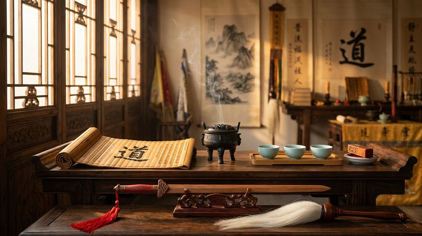 Tao Definition - Authentic Taoist scholar sanctuary altar featuring Daodejing bamboo scroll, antique bronze censer, peachwood sword, and lightning-struck jujube seal