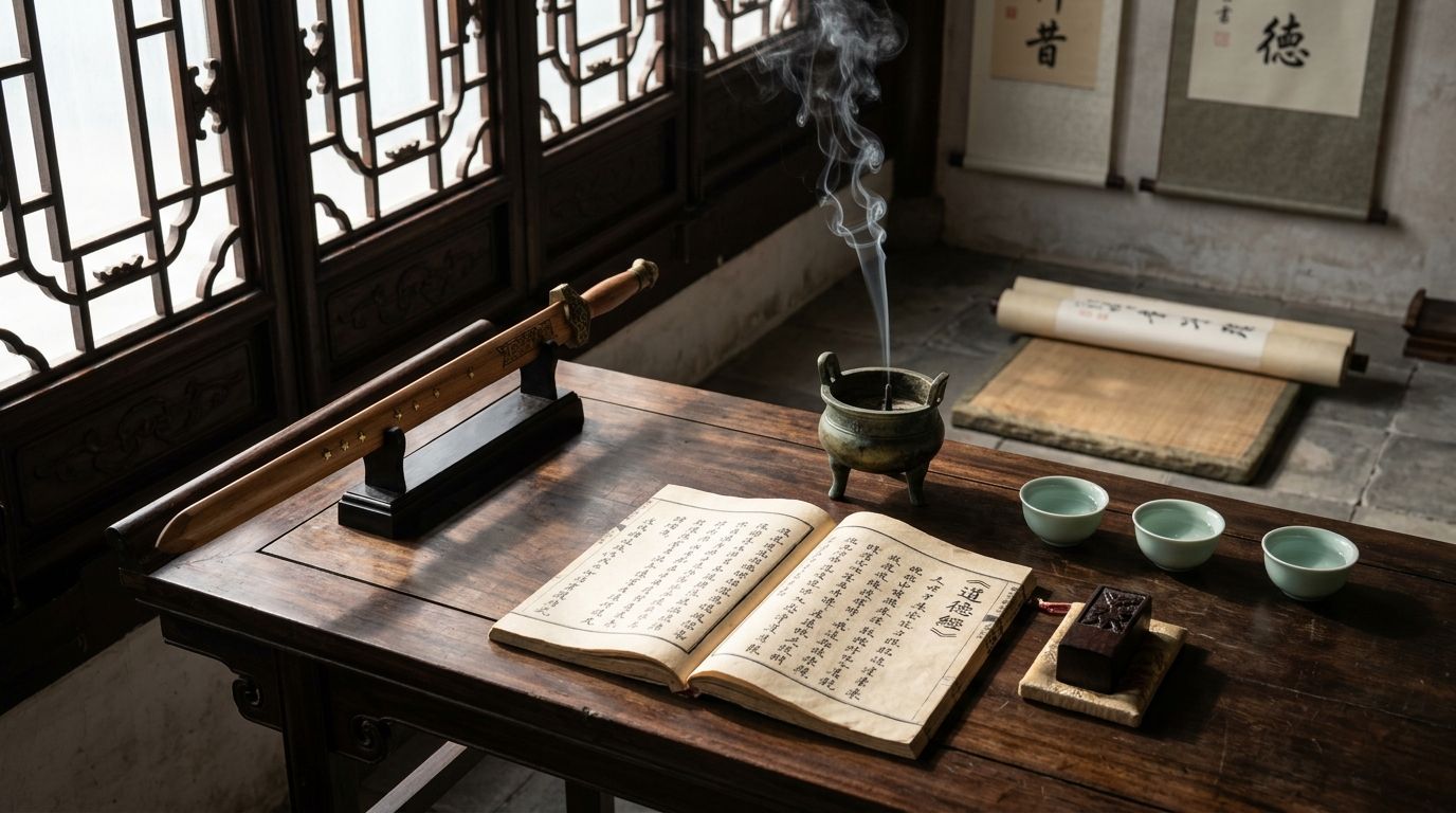 Tao Meaning - Sacred Daoist altar with Daodejing scripture, bronze censer, lightning-struck jujube wood seal, and peachwood sword