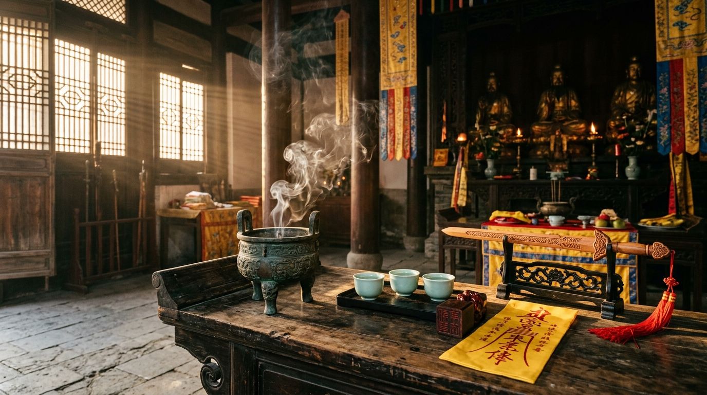 Tao Religion - Orthodox Taoist temple sanctuary altar featuring antique bronze censer, celadon water cups, lightning-struck jujube wood seal, cinnabar talisman, and peachwood sword