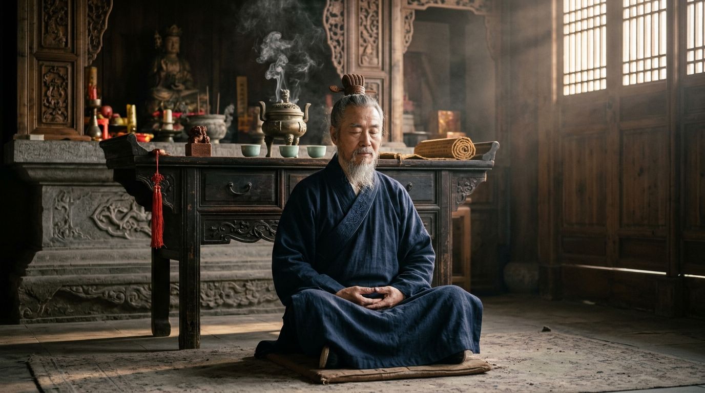 Taoists - Ordained Taoist priest meditating before a traditional temple altar with incense, scriptures, and consecrated ritual implements