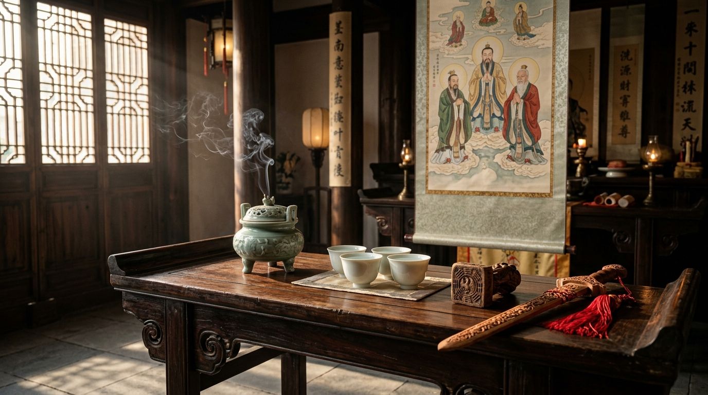 What Is Taoism - Authentic traditional Taoist sanctuary altar room featuring celadon incense burner, Three Pure Ones scroll, water offering cups, and consecrated peach wood sword